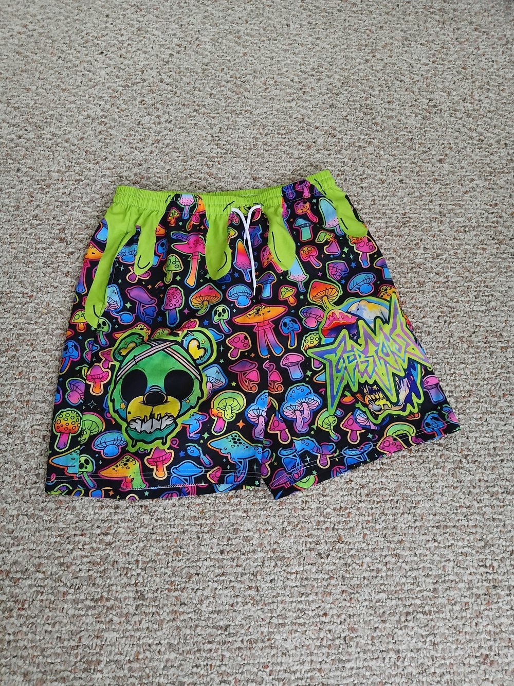 SHEIN Men's Neon Multicolor Mushroom & Bear Print Swim Board Shorts Size Medium